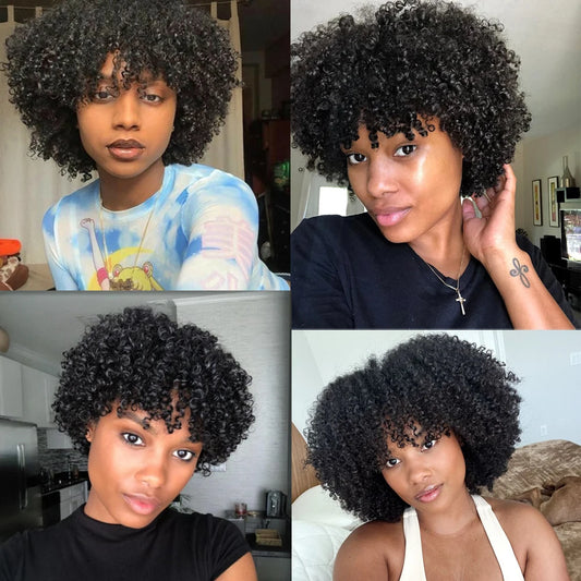 Short Curly Pixie Cut Wig with Bangs Glueless Afro Kinky Curly Brazilian Human Hair Wigs For Women Ready to Go Machine Made Wig