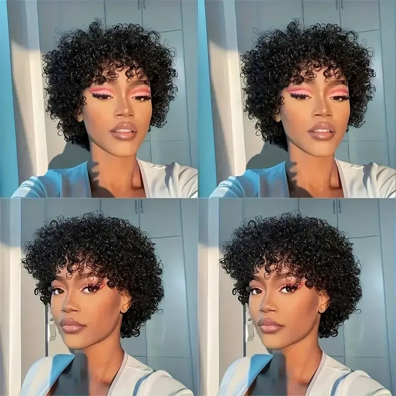 Short Curly Pixie Cut Wig with Bangs Glueless Afro Kinky Curly Brazilian Human Hair Wigs For Women Ready to Go Machine Made Wig