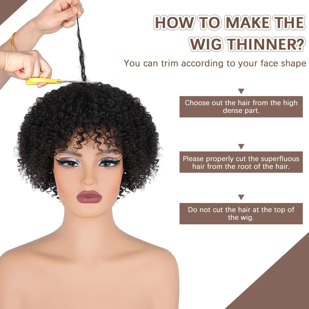 Short Curly Pixie Cut Wig with Bangs Glueless Afro Kinky Curly Brazilian Human Hair Wigs For Women Ready to Go Machine Made Wig