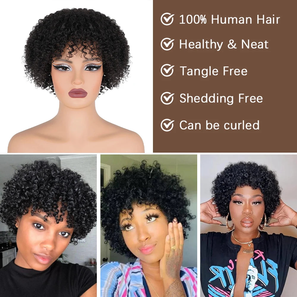 Short Curly Pixie Cut Wig with Bangs Glueless Afro Kinky Curly Brazilian Human Hair Wigs For Women Ready to Go Machine Made Wig