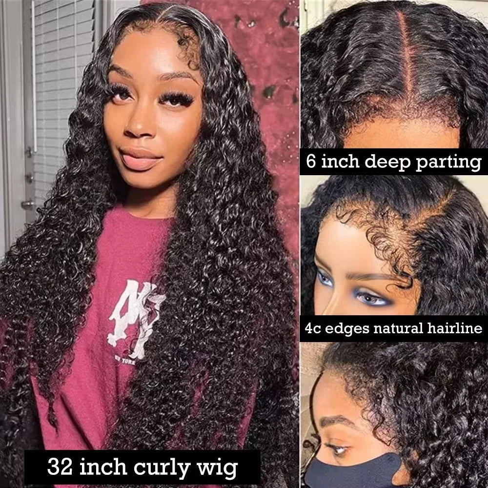 4C Edges Wig Kinky Curly 13x6 HD Lace Frontal Wig Human Hair Glueless Deep Wave 13x6 HD Transparent Lace Front Human Hair Wigs