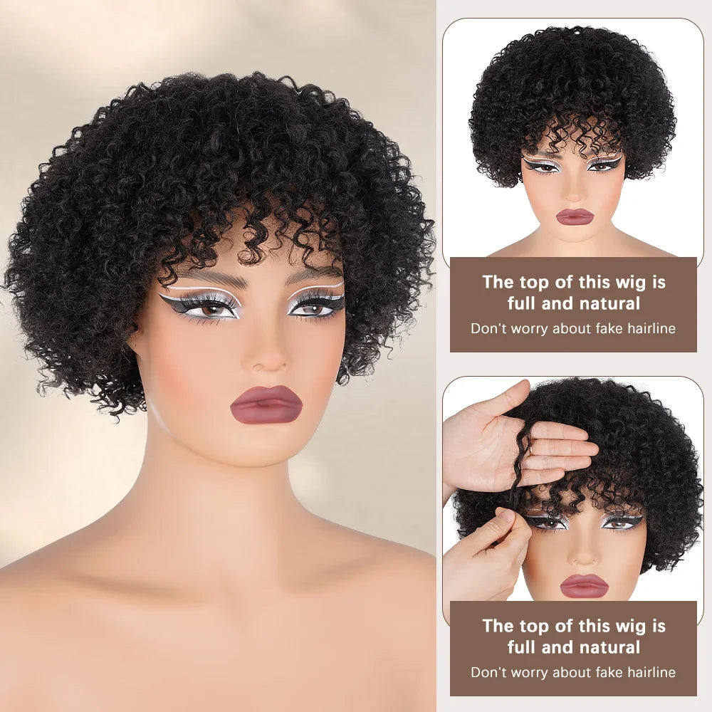 Short Curly Pixie Cut Wig with Bangs Glueless Afro Kinky Curly Brazilian Human Hair Wigs For Women Ready to Go Machine Made Wig