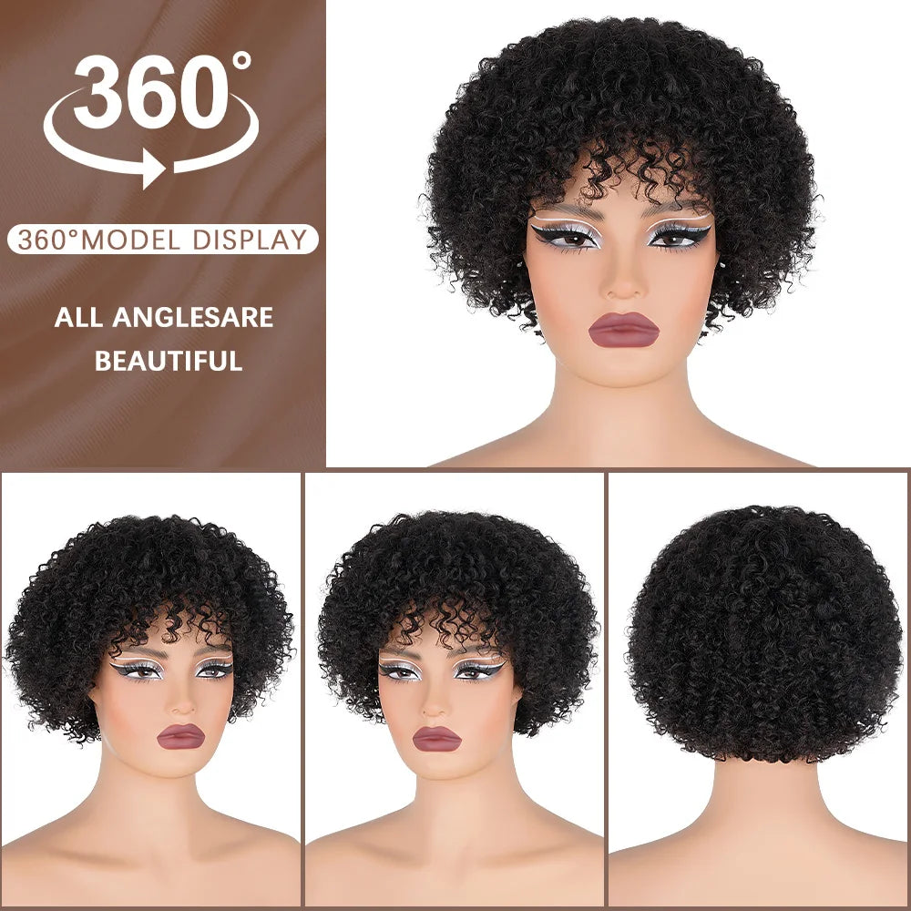 Short Curly Pixie Cut Wig with Bangs Glueless Afro Kinky Curly Brazilian Human Hair Wigs For Women Ready to Go Machine Made Wig