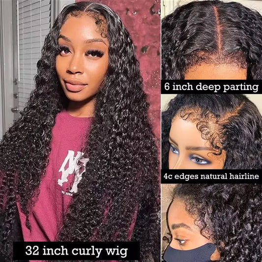 4C Edges Wig Kinky Curly 13x6 HD Lace Frontal Wig Human Hair Glueless Deep Wave 13x6 HD Transparent Lace Front Human Hair Wigs