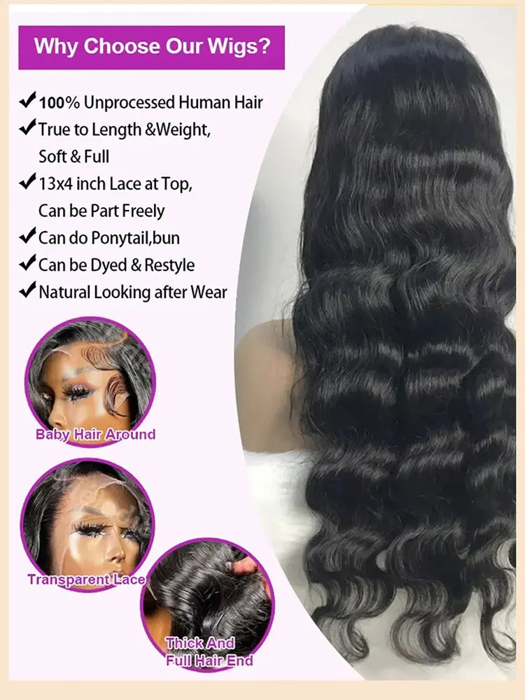 Body Wave 13x4 HD Transparent Lace Front 100% Human Hair Wig black 13x6 Lace Frontal Wigs Inch Pre Plucked For Women