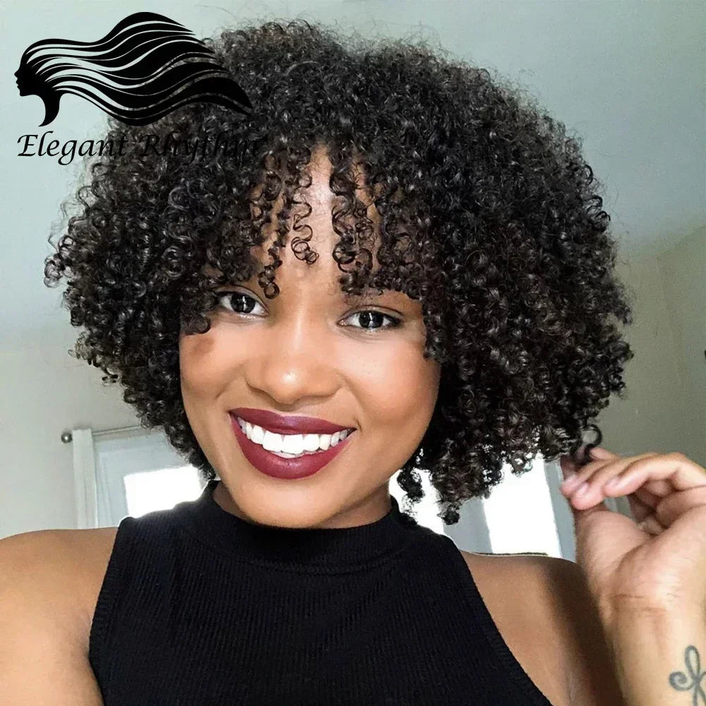 Short Curly Pixie Cut Wig with Bangs Glueless Afro Kinky Curly Brazilian Human Hair Wigs For Women Ready to Go Machine Made Wig